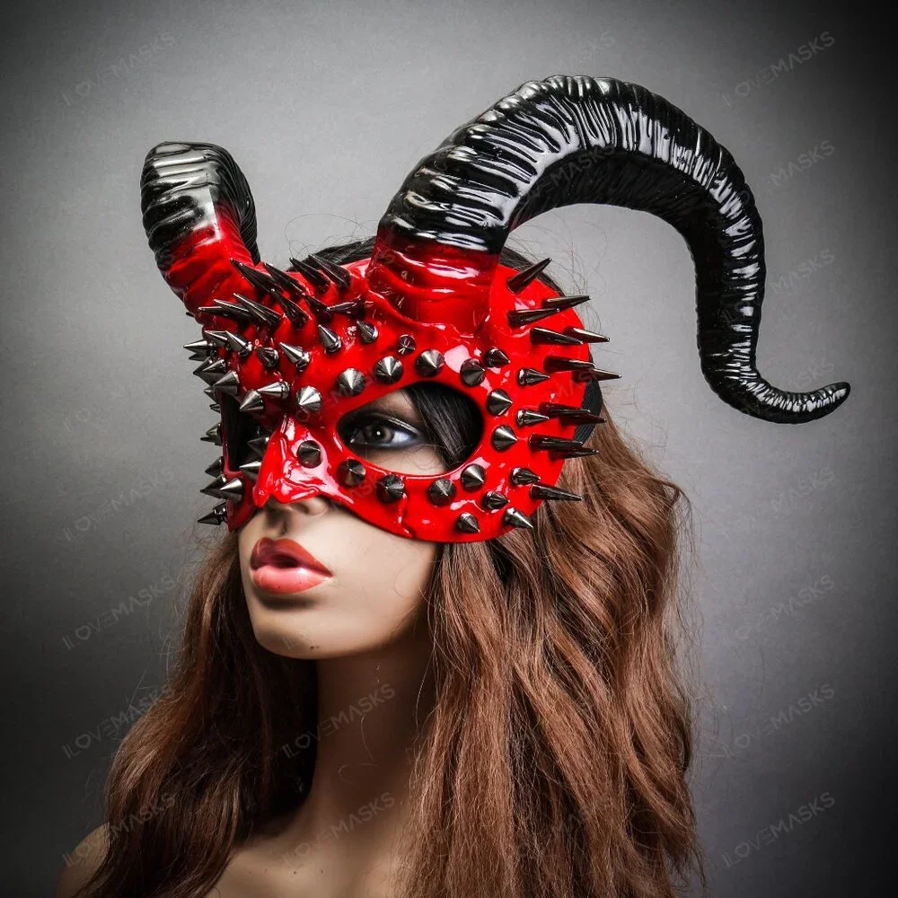 RED Demon Steampunk Spikes Devil w/ Black Twisted Horn Masquerade Halloween Mask